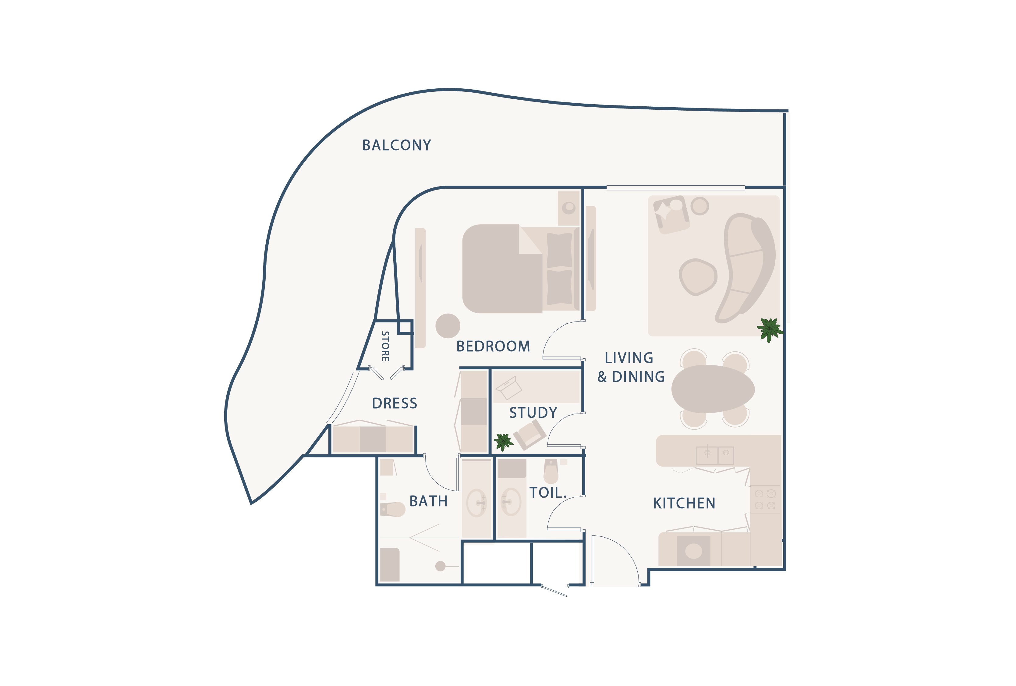 Beach Walk Residence A floor plan featuring rooms labeled as balcony, bedroom, living & dining, kitchen, study, bath, and storage.